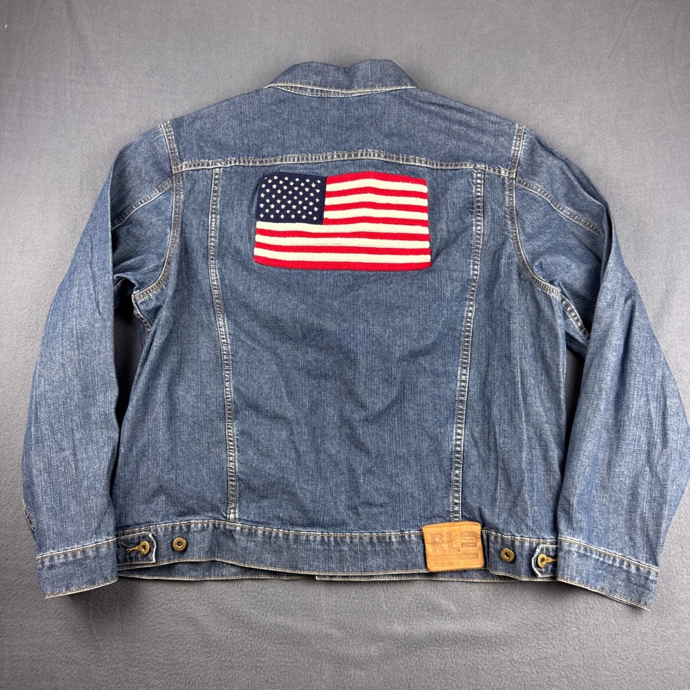 Polo Jeans Denim Jacket Men's XL Blue American Flag Patch Ralph Lauren Trucker